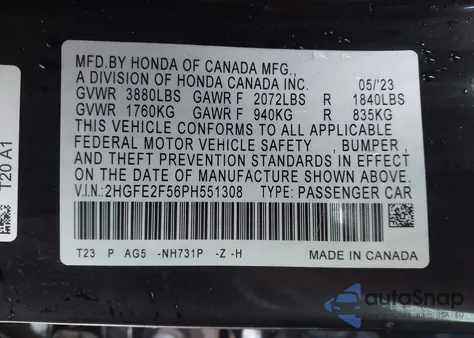 2023 Honda Civic Sport z USA, uszkodzony, nr VIN 2HGFE2F56PH551308